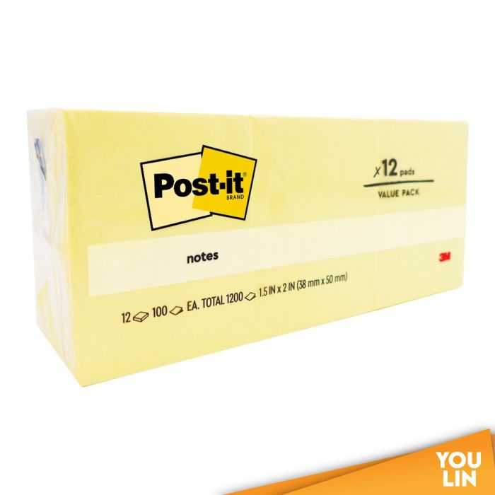 3M Post It Note 653 1.5'' x 2'' (38mm x 50mm) - Canary Yellow 100's/pad